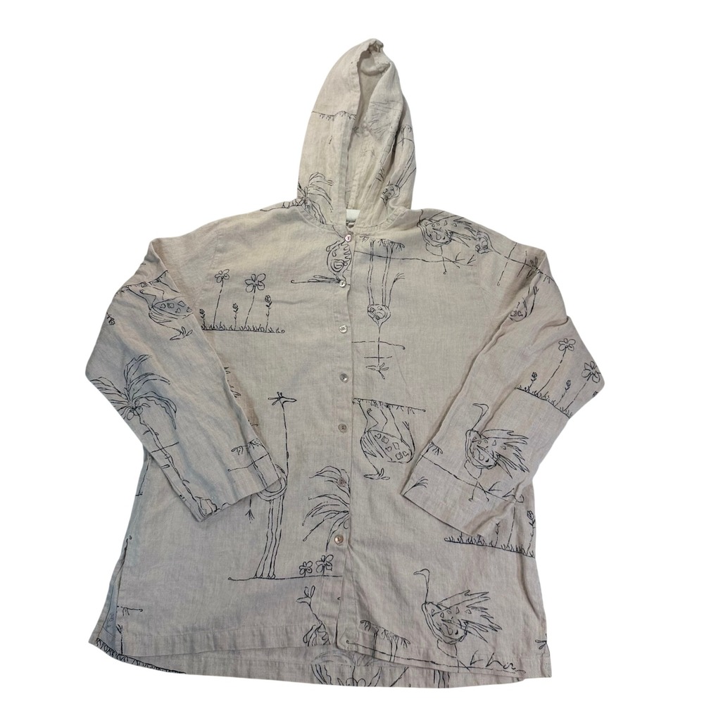 VTG 90s Chicos Design Linen Hooded Shirt Ostrich Palm Tree Novelty Print (XL) 3
